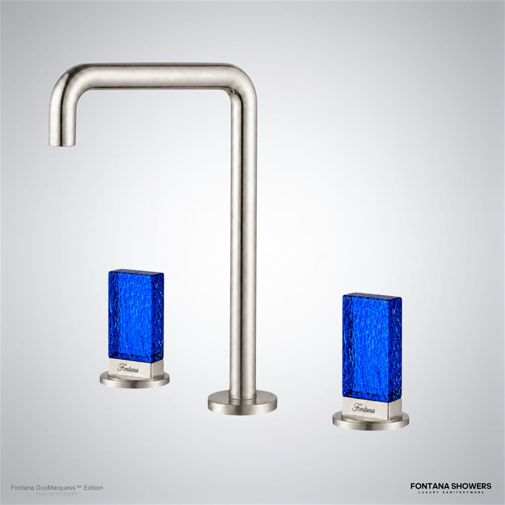 Fontana DualOrion gold faucet installed on marble bathroom vanity